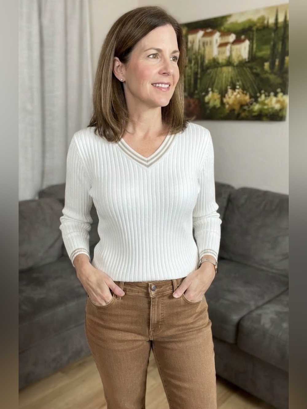 Lord & Taylor Ivory V-Neck  woman Sweater size M